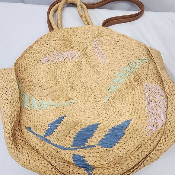 Time and Tru Womens Circle Straw Tote Bag Multi Floral Embroidery Beach Sea - Picture 9 of 9